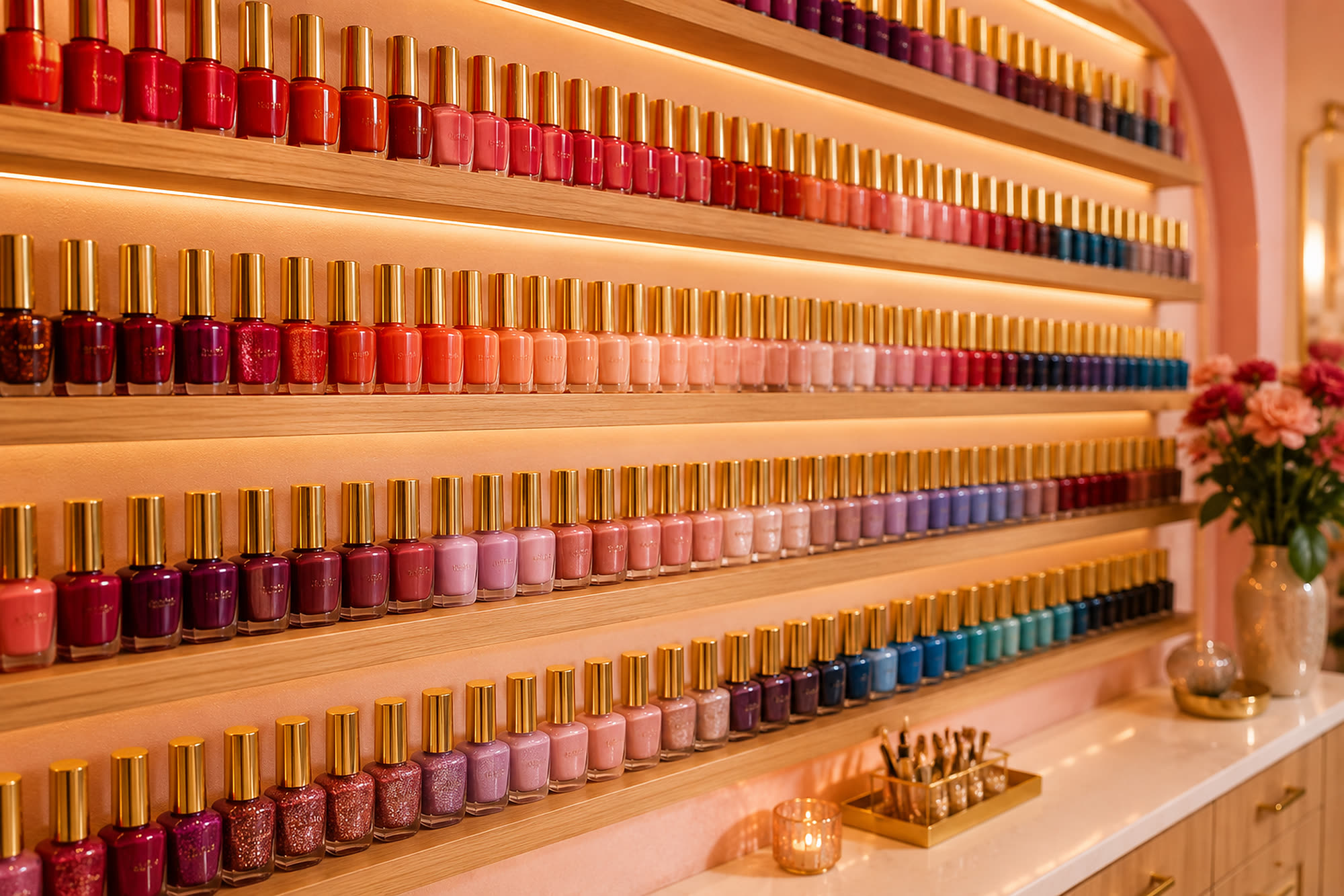 A wall of polish colors at Bella Nails & Spa