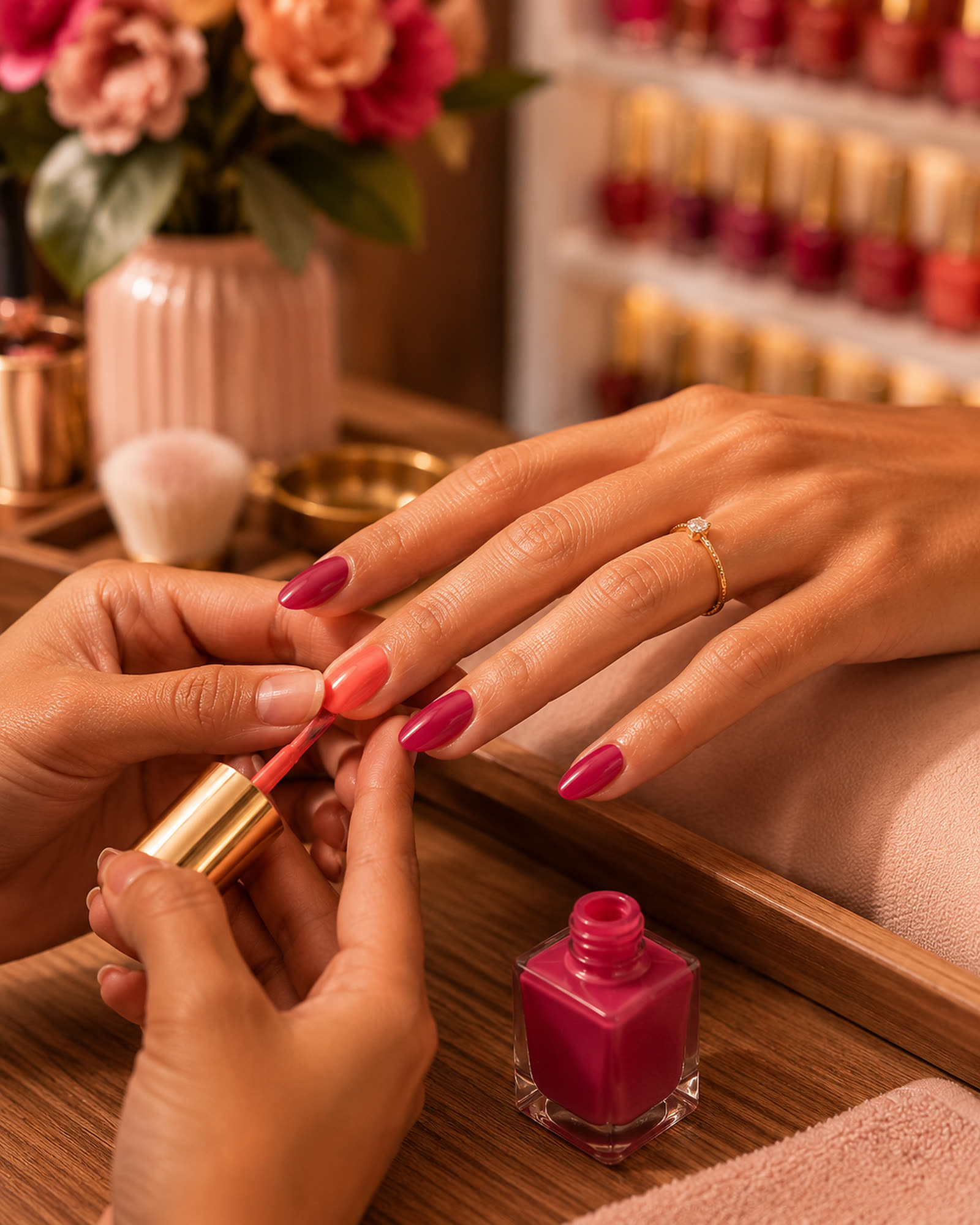 A color manicure in progress at Bella Nails & Spa