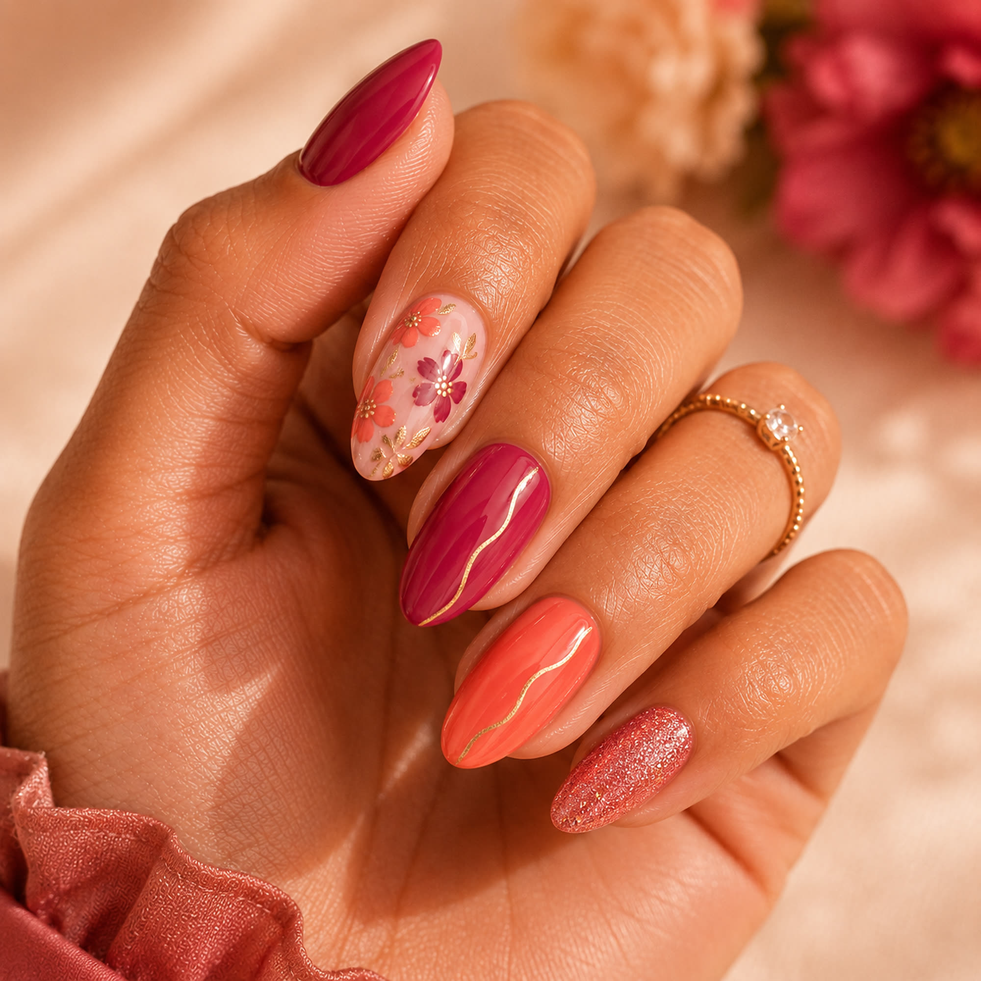 A berry and coral nail-art design