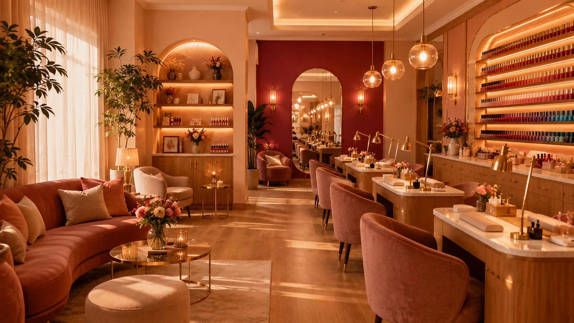 The warm, cozy Bella Nails & Spa interior